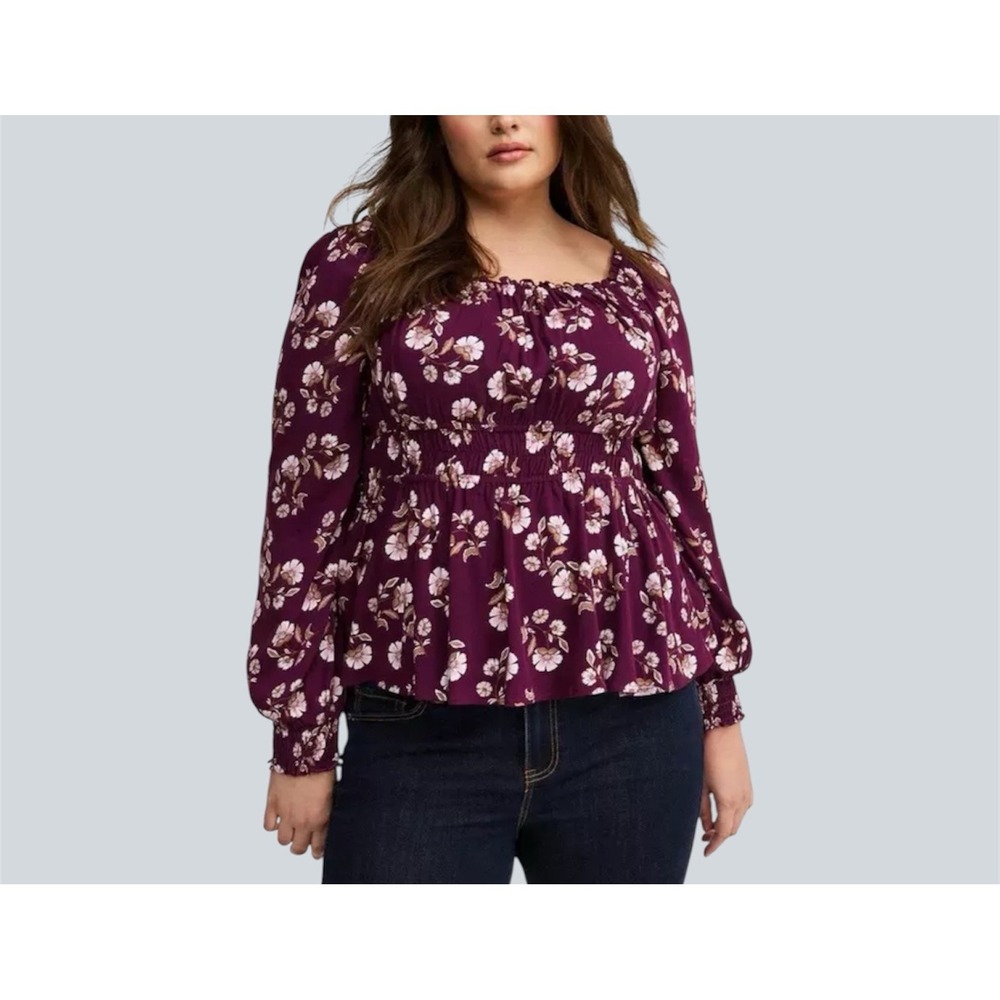 Torrid Top Womens 2 2X Purple Floral Blouson Smocked Peasant Prairie Boho READ